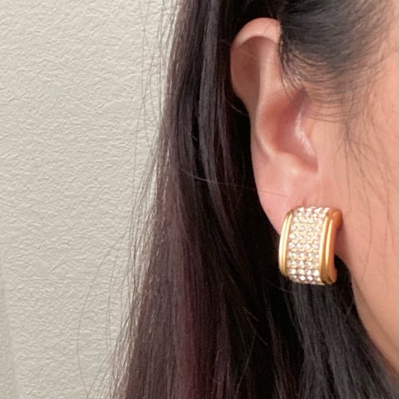 Vintage CHRISTIAN DIOR Goldtone Clear Pave Crystal Half Hoop Clip Earrings 17g - Picture 2 of 16